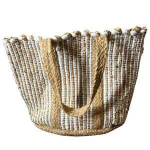 Chloe & Lex White Brown Jute Cotton Bag Tote Boho Coastal Beachy Picnic Natural